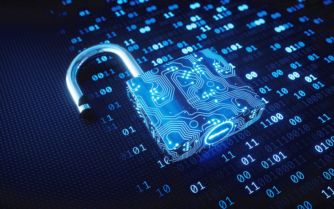 Low angle view on a blue padlock made to resemble a circuit board and placed on binary computer code.