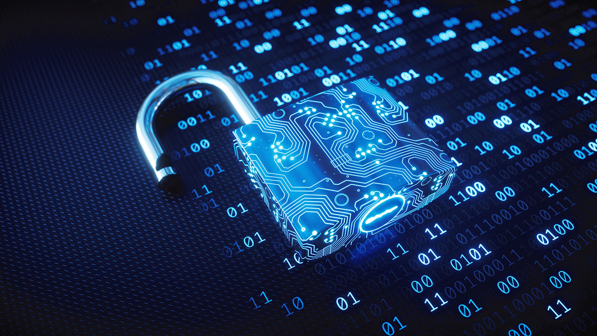 Cyber Lock Low angle view on a blue padlock made to resemble a circuit board and placed on binary computer code.