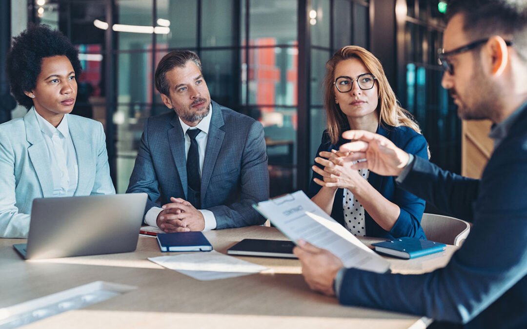 A business meeting about policy updates for the year