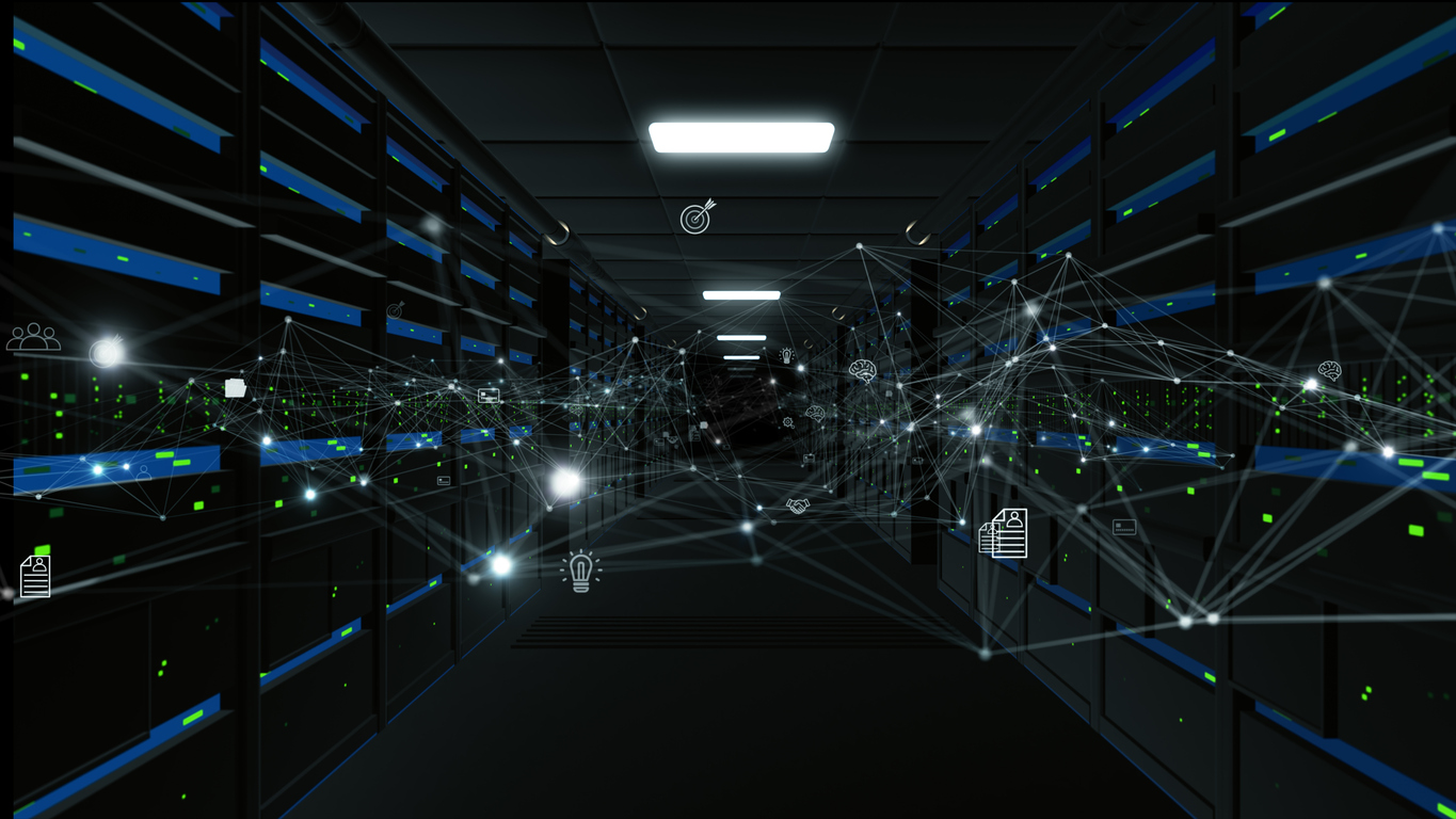 Artificial Intelligence data center with connected server racks and neural network lines representing digital connections, cloud processing, and big data systems. 3d Rendering Artificial Intelligence data center with connected server racks and neural network lines representing digital connections, cloud processing, and big data systems. 3d Rendering