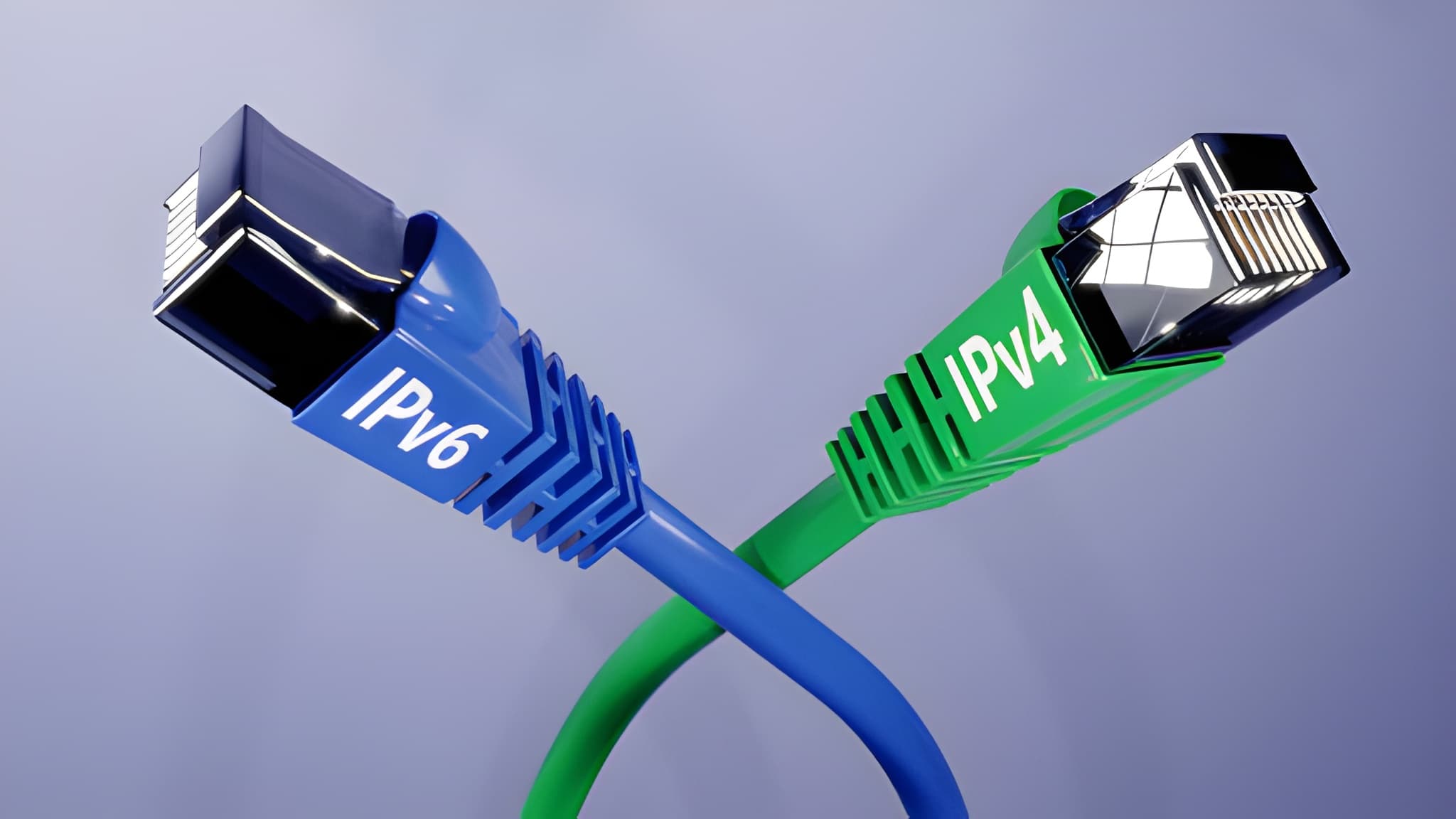 IPv6 vs IPv4 Cables Side by side of IPv4 and IPv6 represented as ethernet cables.